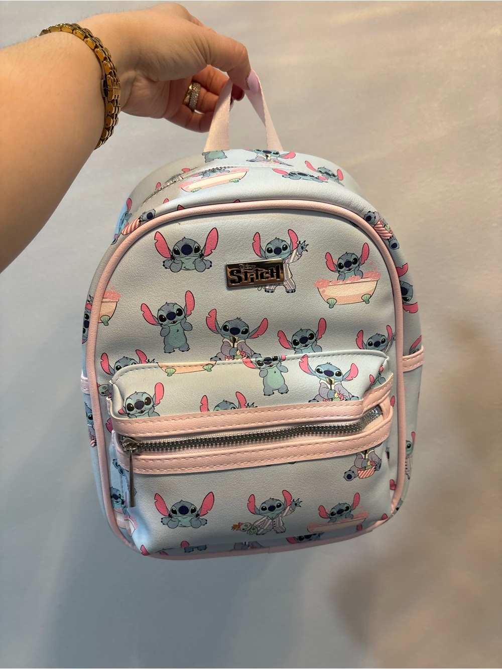 Disney Stitch Pattern Mini Backpack in Light Blue and Pink